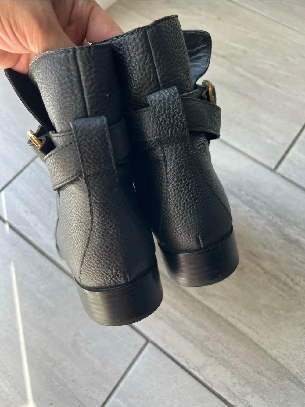Tory Burch Black Leather Ankle Booties with Gold Buckle Accent